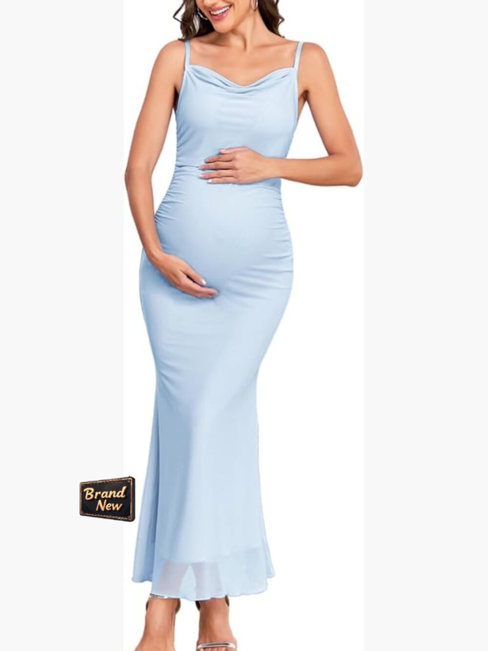 Maternity Cowl Neck Mesh Dress Spaghetti Strap Ruched Bodycon Mermaid Gown for